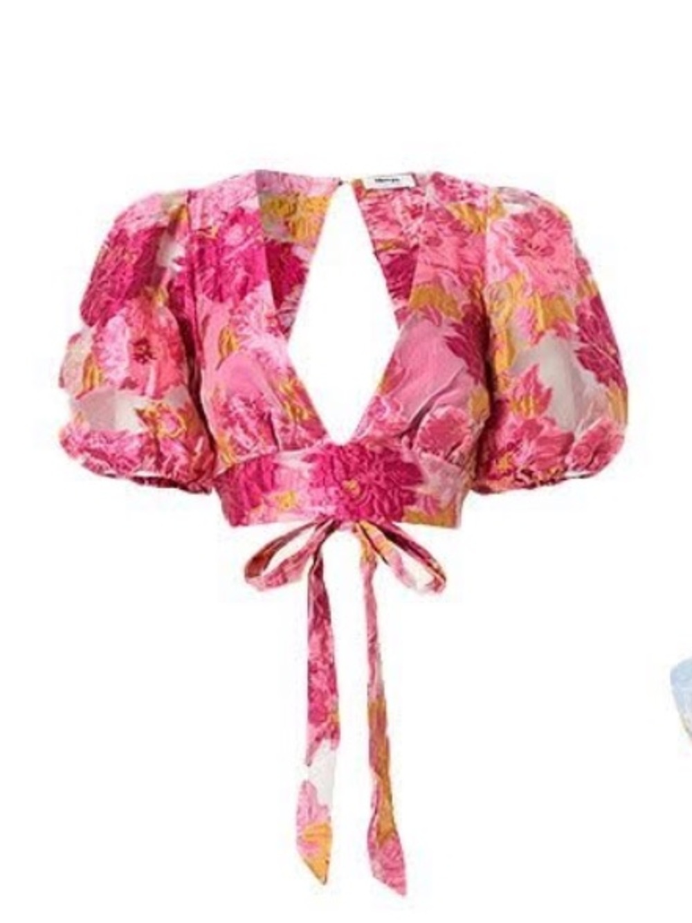Showpo Pink & Yellow Floral Tie-Front Puff Sleeve Crop Top